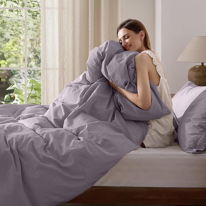 Bedsure 100% Washed Cotton Duvet Cover King Size - Lavender Minimalist Cotton Duvet Cover Linen Like for All Seasons - GentleSoft™ Plain Simple Bedding, 3 Pieces (Lavender, King, 104"x90")