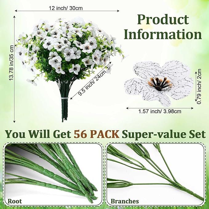 Zeyune 56 Bundles Artificial Flowers Fake UV Resistant for Outdoor Plastic Greenery Shrubs Plants No Fade Faux Flower for Garden Porch Patio Window Wedding Party Decor(White,Elegant)