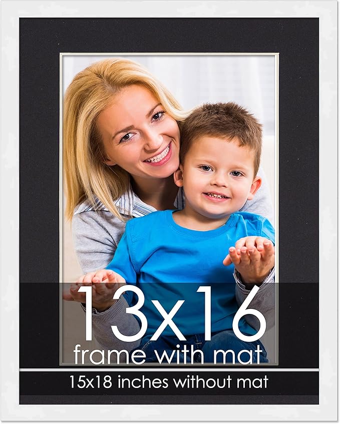 13x16 Frame with Mat - White 15x18 Frame Wood Made to Display Print or Poster Measuring 13 x 16 Inches with Black Photo Mat
