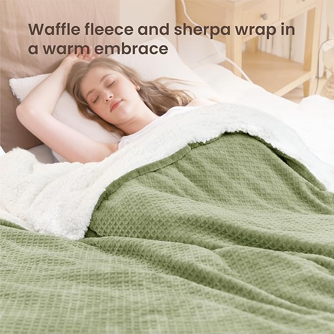 Heated Blanket Electric Blanket Full Waffle,72x84 Inches Sherpa Fleece Fast Heating Blanket 6 Heating Levels & 10 Hours Auto Off ETL Certification,Sage Full