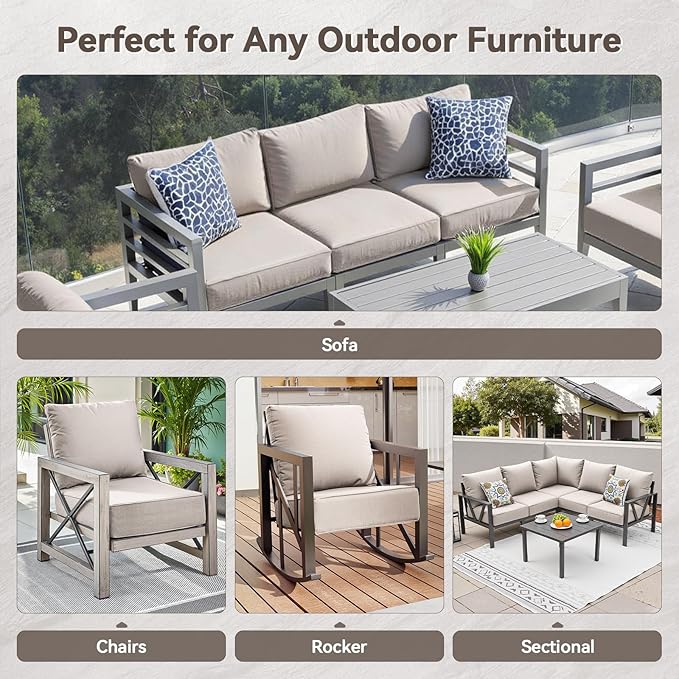 Luxury 6" Outdoor Cushions for Patio Furniture, 24x24x6 Thick Seat Cushion Set of 5, Fade Resistant Couch Chair Replacement Cushions High Density Deep Wicker Chair Cushion w/Removable Cover, Beige