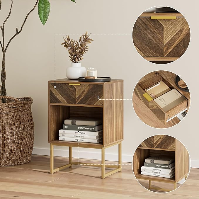 Masupu Nightstand,Modern Night Stand Boho Farmhouse Wood Bedside Table with Storage Drawer Side End Table for Bedroom,Living Room,Office,Walnut Brown