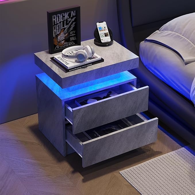 LED End Table, Modern Bedside Table with Storage, 20.5" Tall End Tables Bedroom Set of 2 with 2 Drawers, LED Furniture for Bedroom, Living Room, and Playroom, All Grey