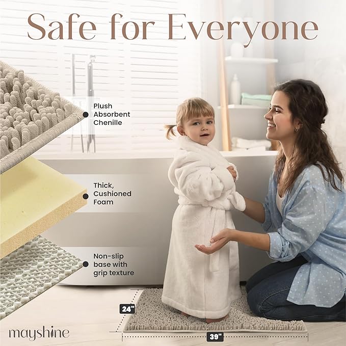 MAYSHINE Plush Shaggy Chenille Bath Mat | Extra Soft, Super Absorbent, Non-Slip Bathroom Rug | Fluffy Microfiber, Area Rug Sets for Bathroom Floor, Kitchen, Living Room | 39"x24" | Beige