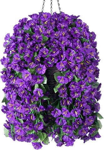 Artificial Faux Hanging Flowers Plants Basket for Spring Summer Outdoor Porch Decor, Fake Silk Purple Morning Glory Long Vine in Planter UV Resistant Realistic for Inside Home Patio Balcony