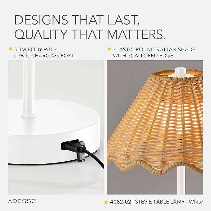 Adesso Cordless Table Lamp with 3-Level Touch Dimmer & Built-in Rechargeable Battery – 15" Tall Touch Lamp, White Finish