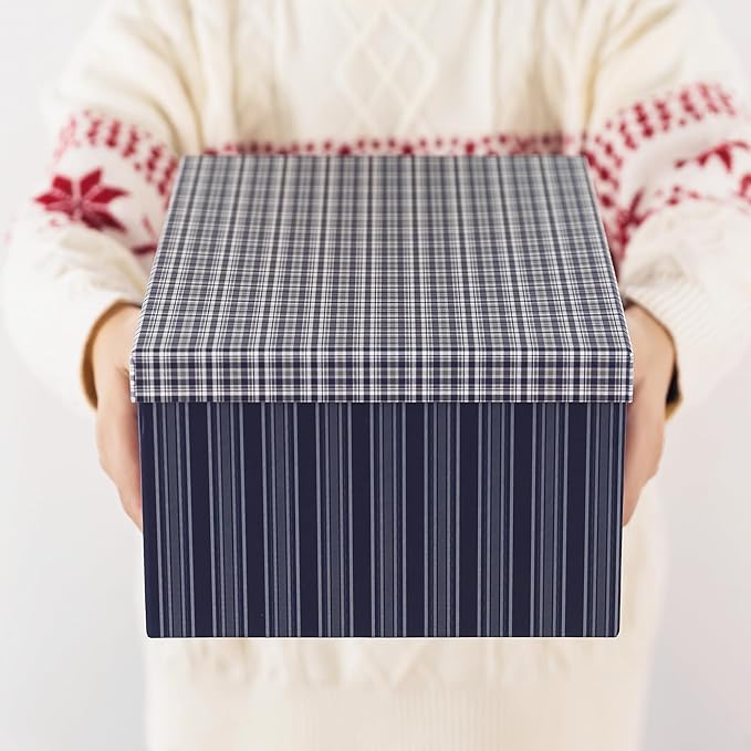 Soul & Lane Classic Plaid Christmas Blue Gift Boxes - Set of 3 - Holiday Decor Checkered Cardboard Storage Box, Decorative Keepsake Boxes with Lids for Presents, Clothing, Decoration