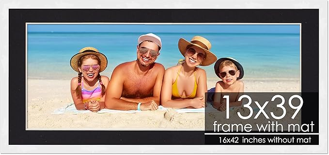 13x39 Frame with Mat - White 16x42 Frame Wood Made to Display Print or Poster Measuring 13 x 39 Inches with Black Photo Mat