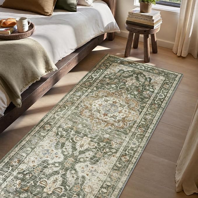 PADOOR-Vintage Runner Rug 2X10 Runners for Hallways-Soft Olive Green Washable Bedside Rugs for Bedroom-Non Slip Long Rug for Hallways Entryway Laundry Room Stair Kitchen Bathroom
