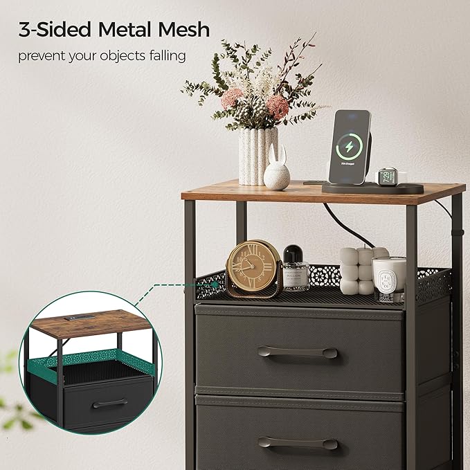 Night Stand Set 2 with Charging Station, 3 Drawer Nightstands with LED Lights, End Table with Outlets and USB Ports, Side Table with Open Shelf, Bedside Tables for Bedroom, Rustic Brown