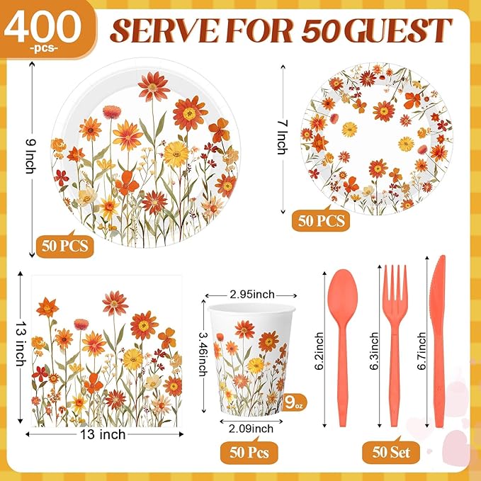 400 Pcs Fall Floral Disposable Paper Plates Napkins Cups Serve 50 Watercolor Wildflower Tableware Set for Autumn Thanksgiving Harvest Wedding Tea Party Decoration Bridal Shower Baby Shower