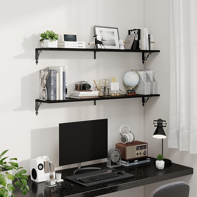 Fun Memories Large Floating Shelves for Wall 48 Inches Long, 8 Inch Deep Shelves with Metal Bracket, 48 Inch Floating Shelves Wall-Mounted, Wide Display & Storage Bookshelves, Black, Set of 2