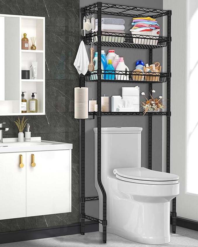 Bathroom Organizer Over The Toilet Storage, 4-Tier Metal Bathroom Over Toilet Storage Shelf Rack Freestanding Space Saver with Adjustable Shelves and Baskets, Black