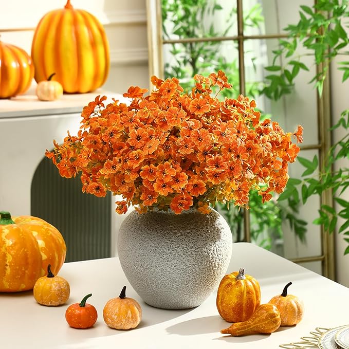 Zeyune 56 Bundles Fall Artificial Flowers Outdoors Fake Autumn Orange Plastic Plants Faux UV Resistant Shrubs Greenery for Thanksgiving Outdoor Indoor Garden Porch Window Box Hanging Decor
