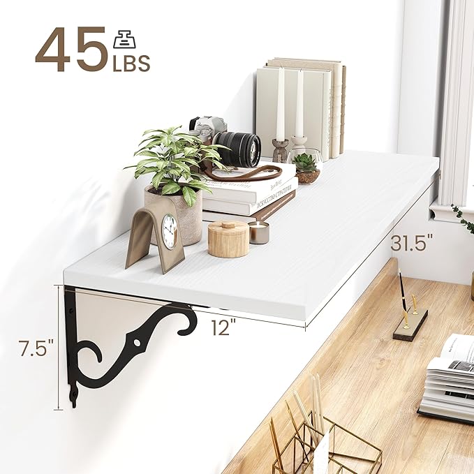 White Floating Shelves for Wall, 32"W x 8"D Wall Shelves, 12 Inch Deep Floating Shelf with Bracket, 32 Inch Floating shelves Set of 2, Rustic Shelves for Living Room, Bathroom and Kitchen, White