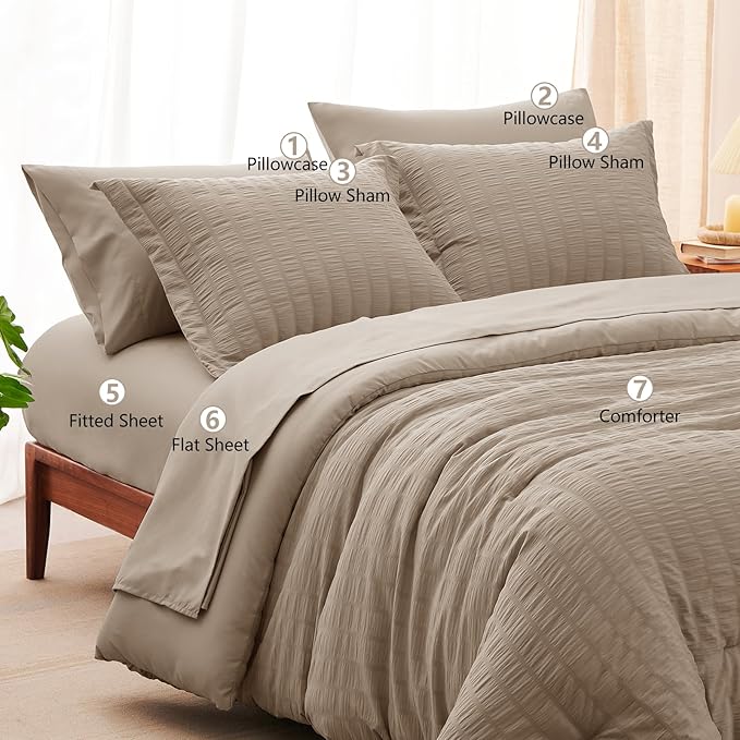 CozyLux Queen Comforter Set Khaki Seersucker 7 Pieces Bed in a Bag Queen Comforter Set with Sheets, Luxury Soft Bedding Set with Down Alternative Comforter, Sheets, Pillowcases & Shams for All Seasons