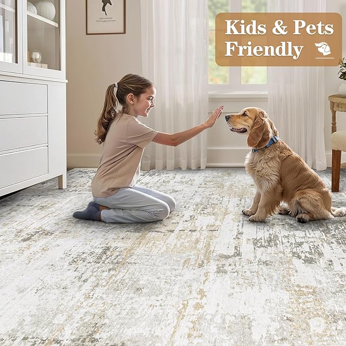 9x12 Area Rugs for Living Room: Washable Modern Abstract Rug Large Soft Non Slip Living Room Rug Indoor Low Pile Carpet for Bedroom Dining Room Home - Beige Grey Brown