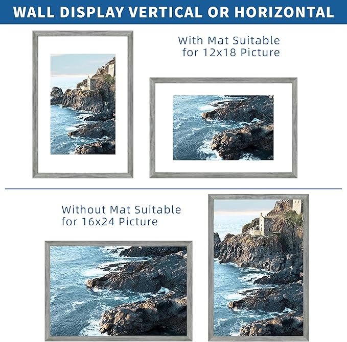 16x24 Frame Set of 2, Rustic Grey Wood Style - Display 16 x 24 Picture without Mat or 12x18 Picture with Mat, Wall Mounting Horizontal and Vertical