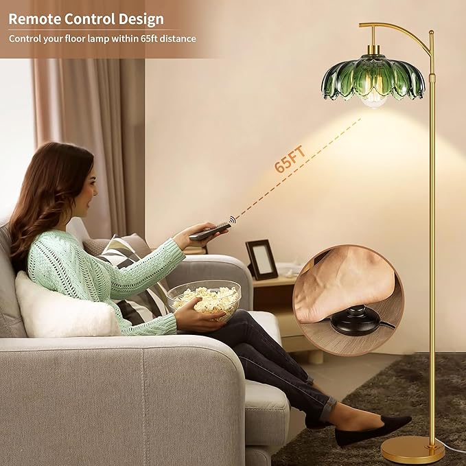 Gold Floor Lamps for Living Room Glass Vintage Floor Lamp with Remote Control,Dimmable Mid Century Modern Standing Lamp with 3 Color Temperature Tall Flower Lamp Brass Floor lamp for Bedroom Corner