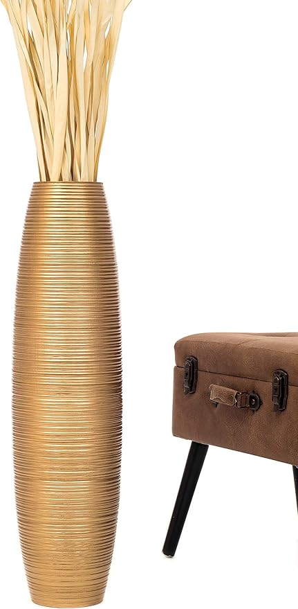 Leewadee Large Gold Home Decor Floor Vase – Wooden 26 inches Tall Farmhouse Decor Flower Holder for Fake Plant and Pampas Grass