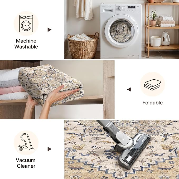 GENIMO 8X10 Area Rugs for Living Room, Machine Washable Vintage Floor Cover Foldable Modern Non Slip Rug， Low Pile Soft Indoor Carpet Floral Print Mat Rug,Bedroom/Dining Room/Home Office,Beige