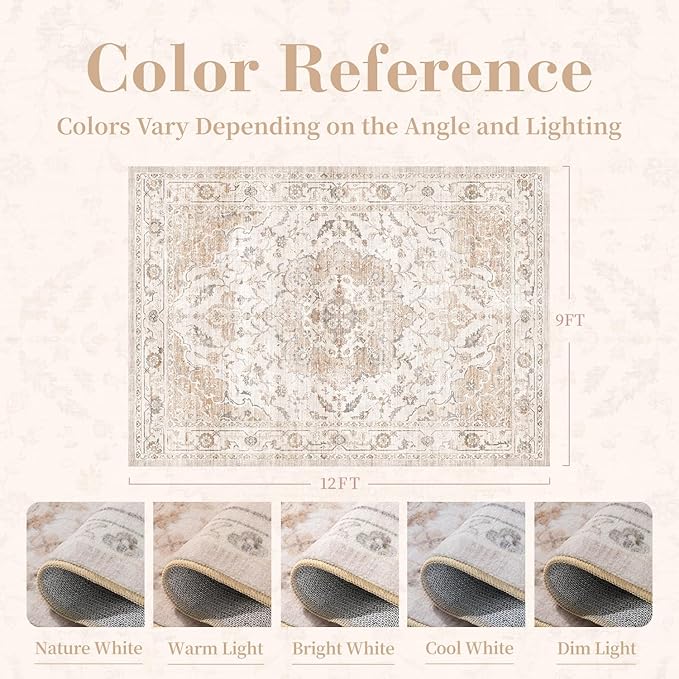 PADOOR-Vintage Area Rug 9X12 Rugs for Living Room-Soft Beige Rugs for Bedroom-Machine Washable Rug Non Slip Carpet-Rug for Dining Room Living Room Bedside Office