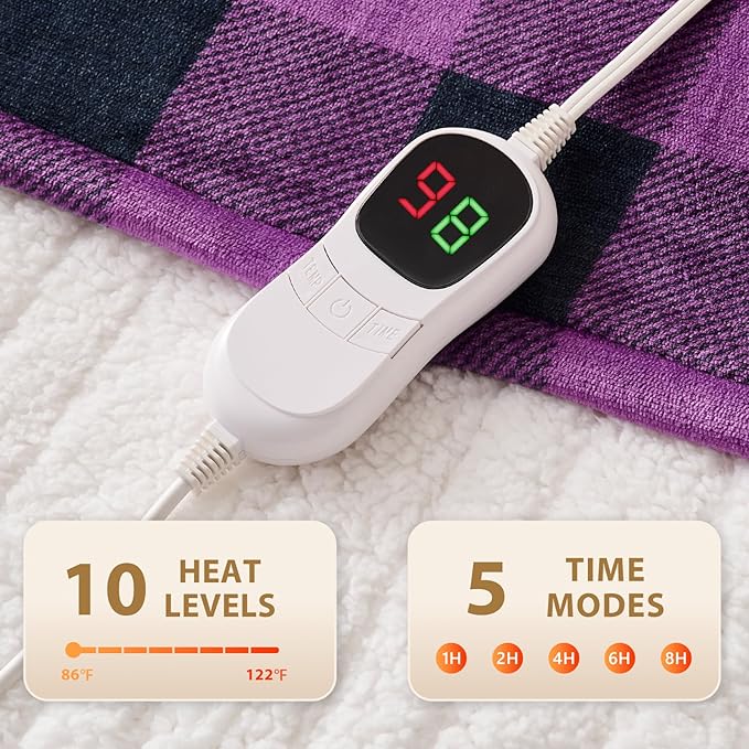 Homemate Electric Blanket Heated Throw - 50“x60“ Ultra Soft Cozy Flannel Heating Blanket with 10 Fast Heat Levels 8 Hours Auto Off Over-Heated Protection ETL Certification Keep Warm in Home Office