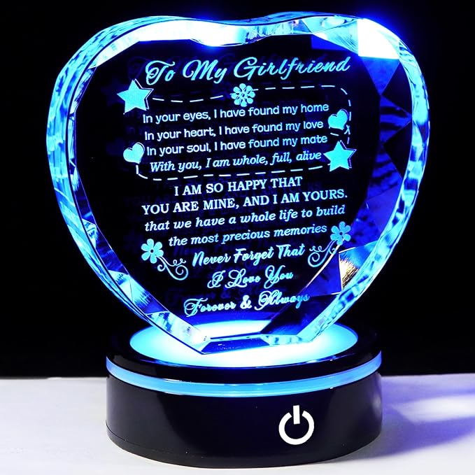YWHL Gifts for Girlfriend with Colorful Base Romantic Heart Crystal Keepsakes to My Girlfriend Gifts from Boyfriend on Birthday Anniversary I Love You Gifts for Her