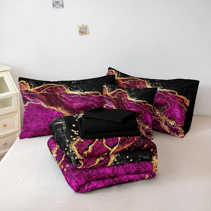 Black Gold Comforter Set 8 Pcs Hot Pink Marble Bedding Set Queen Size Bed in A Bag Purple and Black Marble Stone Texture Abstract Room Decor Black Marble Bed Comforter