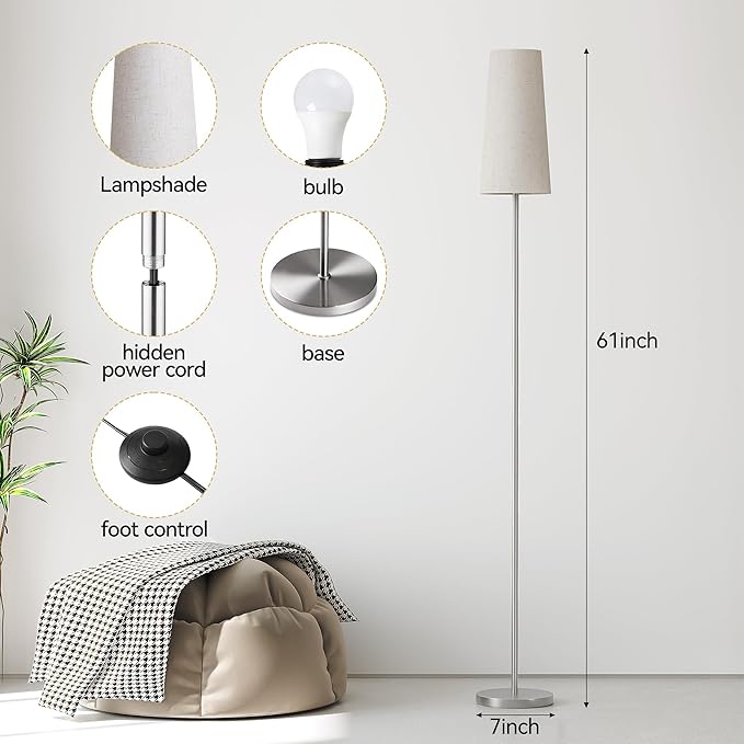 SUNMORY Floor Lamps for Living Room/Bedroom/Office, Standing Lamp with LED Bulb, 3 Color Temperature Tall Lamp, Suitable for Modern/Boho/Farmhouse and Other Home Decor Styles, Nickel Color