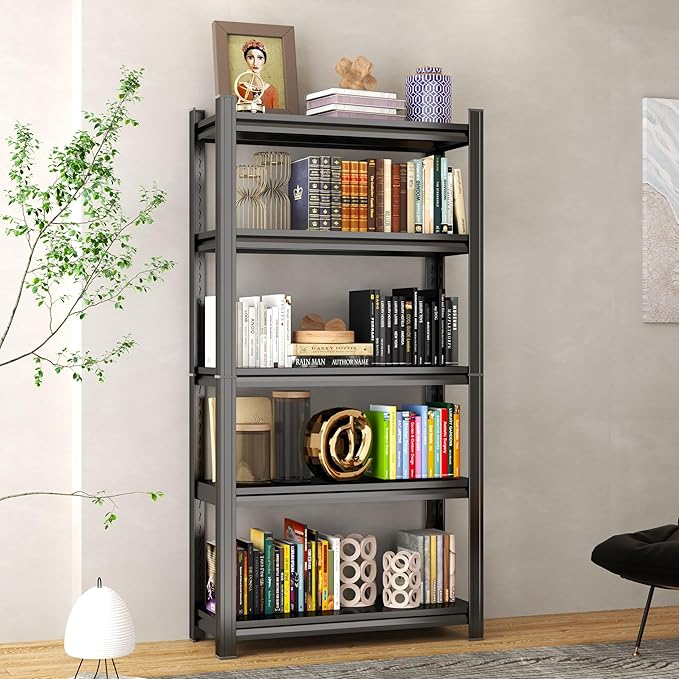 Tall Bookshelf with Open Shelves, Metal Office Book Shelf, Adjustable Organizer Bookcase, Standing Storage Organizer Shelf for Living Room (31.5" W*13.8" D*77.4" H)