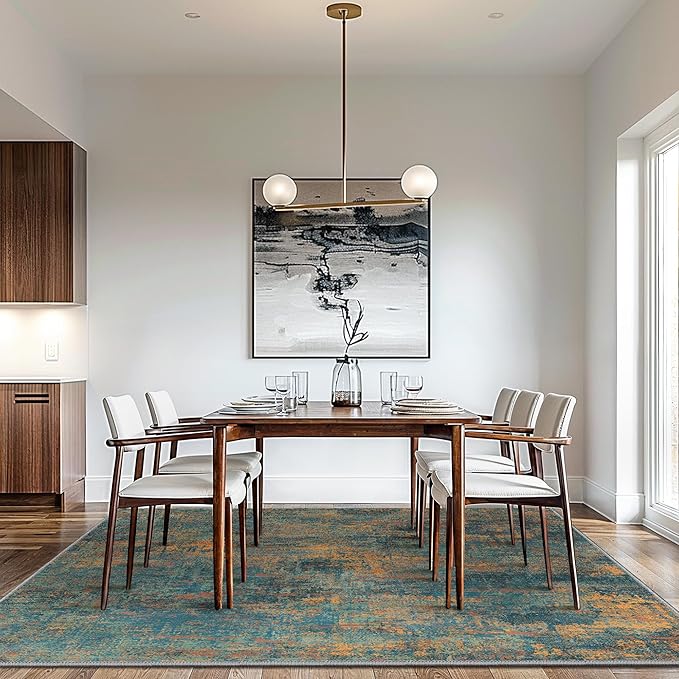 GENIMO Washable Area Rugs for Living Room Bedroom, 8x10 Modern Abstract Non Slip Rug, Low Pile Soft Contemporary Indoor Floor Carpet Cover for Dining Room Kitchen, Dark Blue