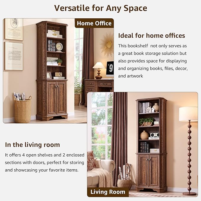 OKD 6-Tier Bookcase with Doors, 72" Tall Farmhouse Bookshelf with Storage & Adjustable Shelves, Wooden Floor Standing Display Book Shelf Organizer for Home Office,Reclaimed Barnwood