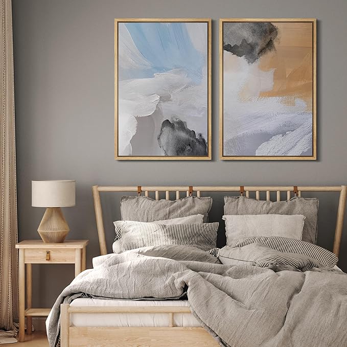 MUDECOR Framed Canvas Print Wall Art Abstract Blue Skies and Earth Tones Illustrations Modern Art Decorative Bohemian Colorful Chic for Living Room, Bedroom, Office - 16"x24"x2 NATURAL