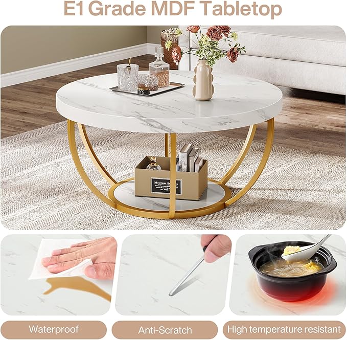 Tribesigns Modern Round Coffee Table, 2 Tier Coffee Table with Faux White Marble and Golden Metal Legs, Circle Center Table Tea Table Accent Furniture for Living Room, White and Gold
