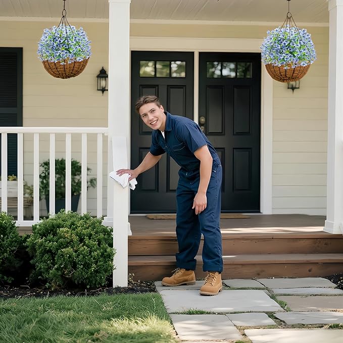 Front Porch Decor Artificial Flower Tree 2Pcs Blue - Realistic Faux Flowers for Outdoor Planters with Ground Spike, Indoor Staircase Landings or Outdoor Porch Decor