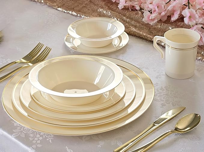 OCCASIONS 120 Plates Pack, Heavyweight Disposable Wedding Party Plastic Plates (10.5'' Dinner Plate, Ivory & Gold Rim)