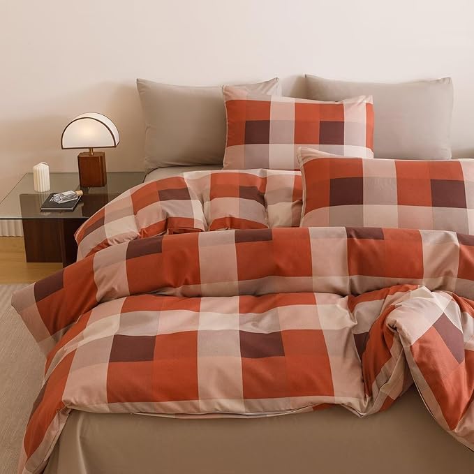 Cottonight Checkered Red Comforter Set King Men Gingham Grid Bedding Set Red and Khaki Grid Comforter Fluffy Soft Blanket Quilts Modern Cottagecore Comforter with 2 Pillowcases for King Bed