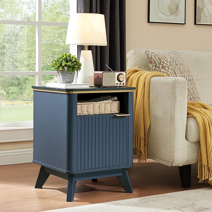 QUW Fluted Nightstand with Charging Station, Bedside Table with Open Storage and Cabinet, 18" Modern Side Table, End Table for Bedroom, Living Room, Navy Blue