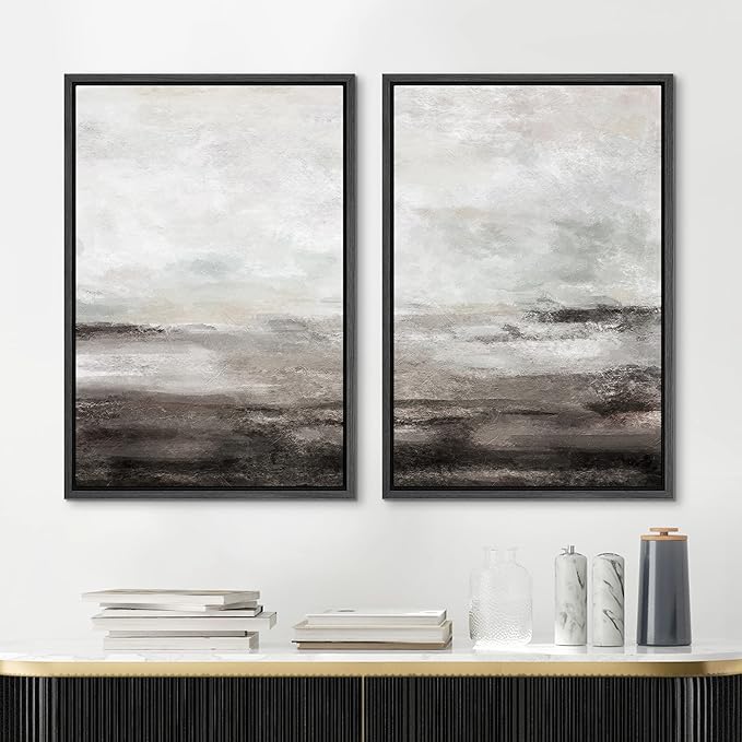 MUDECOR Framed Wall Art Print Set Brown and Gray Grunge Paint Stroke Landscape Abstract Shapes Illustrations Modern Minimalist Chic Relax/Calm for Living Room, Bedroom, Office - 16"x24"x2 Black