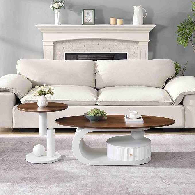 Marble Nesting Coffee Table Set of 2,Modern Oval Center Tea Table and Round Side Nightstand Set w/Drawer and Wood Tabletop and Metal Frame for Living Room Accent Furniture