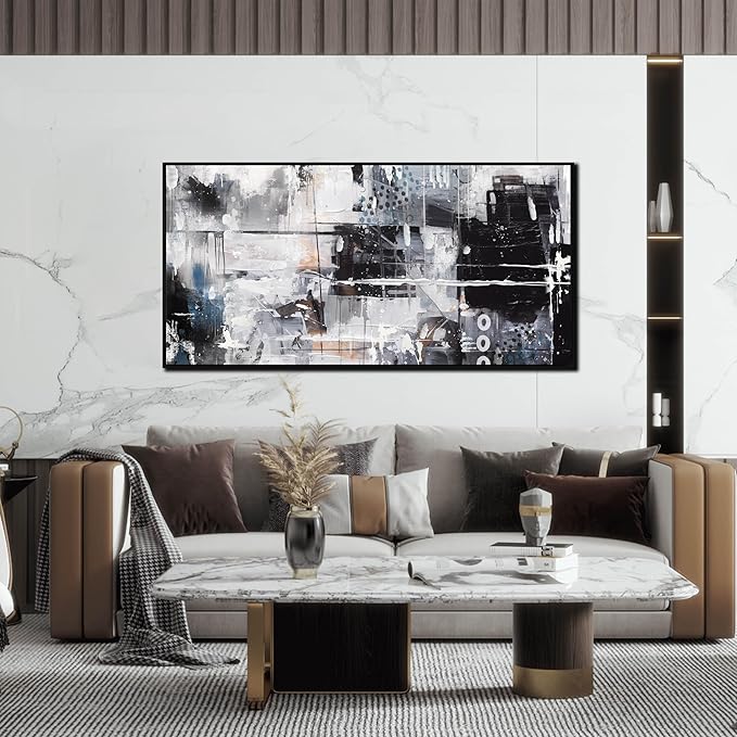 Black and White Abstract Wall Art - Modern Wall Art Living Room - 24" x 48" Framed