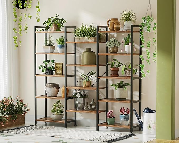 Casaottima Triple 5 Tier Bookshelf, Large Bookcase with 14 Open Display Shelves, Modern Industrial Book Shelves Book Case for Bedroom, Wide Standing Shelving Unit for Living Room Home Office, Vintage