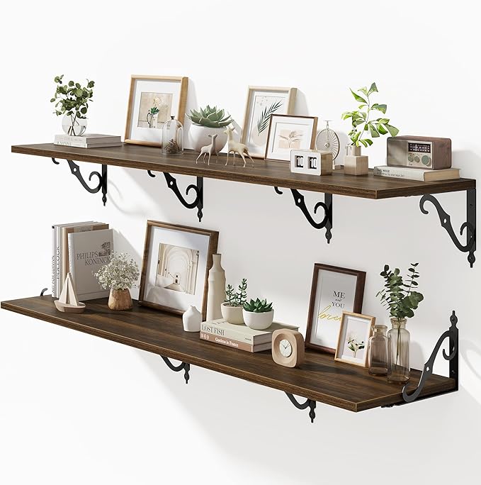 Fun Memories 55 Inch Floating Shelves, Long Floating Shelves Wall-Mounted, 12 Inch Deep Bookshelf with Bracket, 55" W x 12" D Shelves for Wall Display & Storage, Walnut, Set of 2