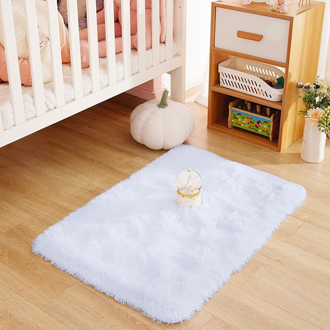 Small Bedside Rug, 2x3 Non Slip Fluffy Shaggy Entryway Throw Rugs for Bedroom Living Room, Indoor Floor Carpet for Kids Girls and Boys, Nursery Rooms Mat, Home Decor Aesthetic, White