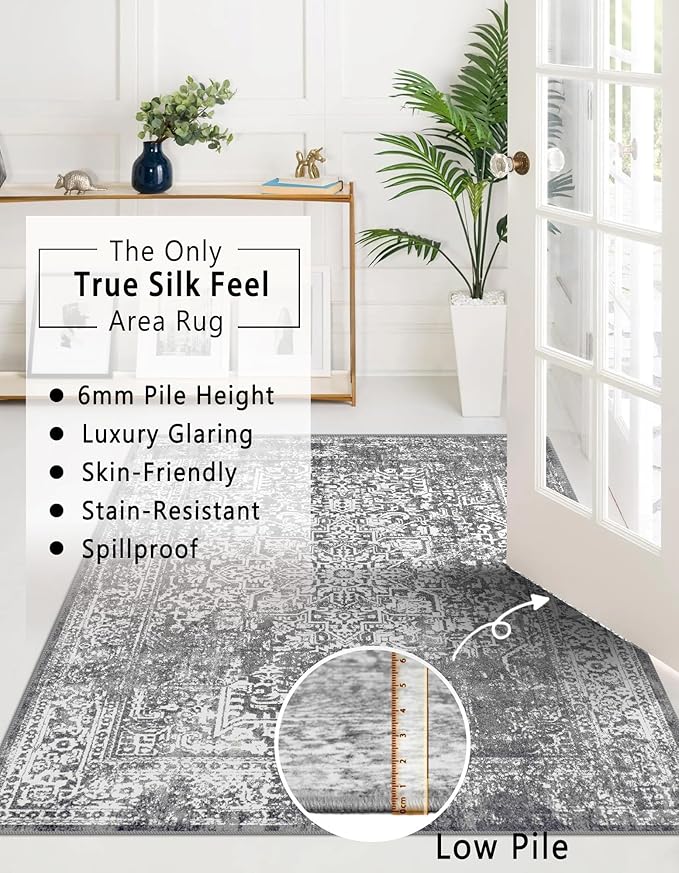 vivorug 5x7 Area Rugs, Stain Resistant Washable Rug for Living Room, Vintage-Inspired Grey Rug