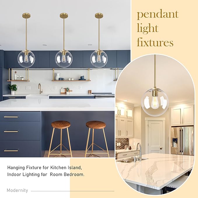 10 Inch Globe Pendant Light Gold Mid Century Pendant Light Adjustable Hanging Light Fixture Globe Pendant Lights Kitchen Island Clear Glass with Brass Finish for Dining Room