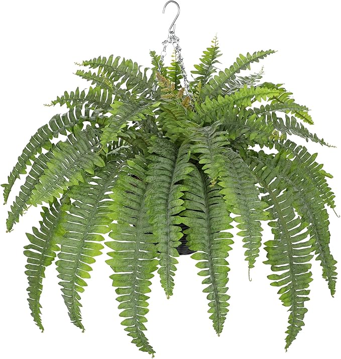 Hollyone 33" Artificial Boston Fern Hanging Basket Large 39 Leaves Fake Ferns in Rattan Pot Greenery Plants for Outdoors & Indoor Faux Fern Bush Basket Plant Patio Garden Home Decor Dusty Green