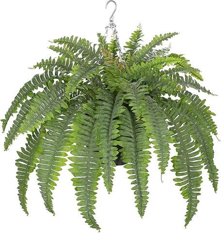 Hollyone 33" Artificial Boston Fern Hanging Basket Large 39 Leaves Fake Ferns in Rattan Pot Greenery Plants for Outdoors & Indoor Faux Fern Bush Basket Plant Patio Garden Home Decor Dusty Green