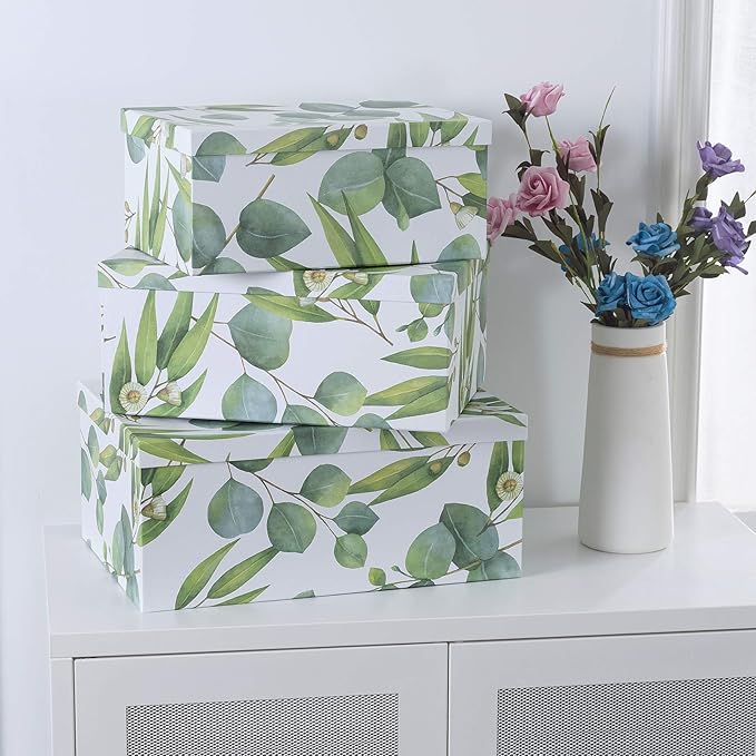 Soul & Lane Decorative Cardboard Storage Boxes with Lids for Home Decor and Organization, Set of 3 Large Keepsake Boxes for Memories & Gifts, Nesting Floral Photo Storage Containers, Sprigs Of Green
